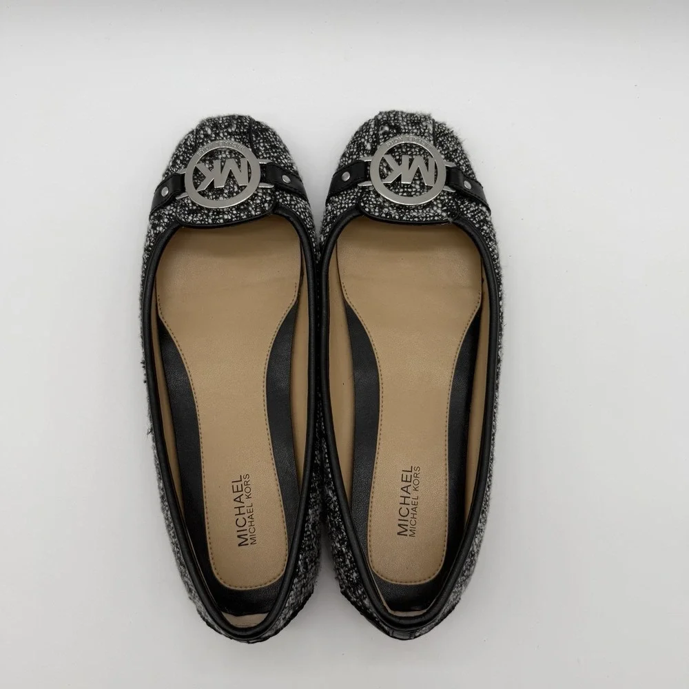 Michael Kors Women's Fulton Slip On Flats Balletcore Black White Tweed Logo 7.5